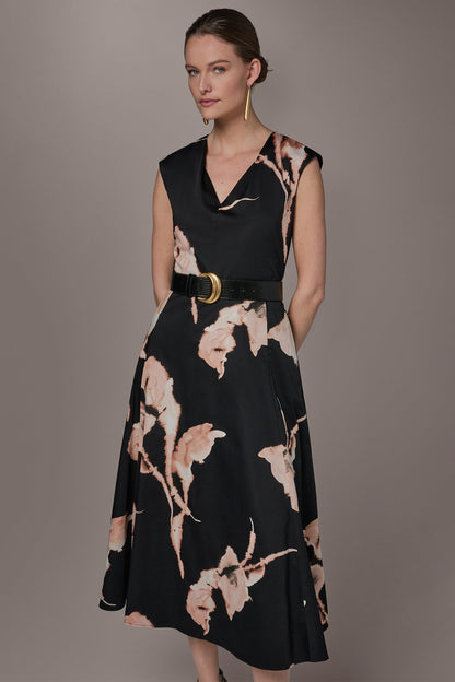 COTTON-SATEEN FLORAL MIDI DRESS - BLACK MULTI