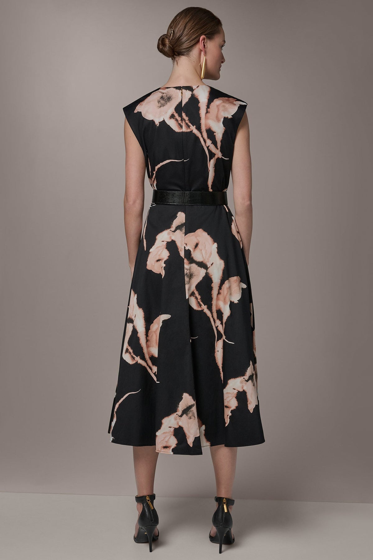 COTTON-SATEEN FLORAL MIDI DRESS - BLACK MULTI