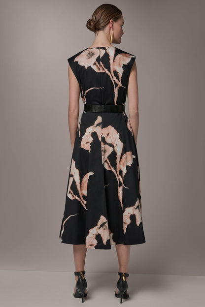 COTTON-SATEEN FLORAL MIDI DRESS - BLACK MULTI