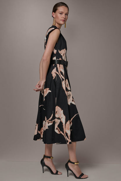 COTTON-SATEEN FLORAL MIDI DRESS - BLACK MULTI