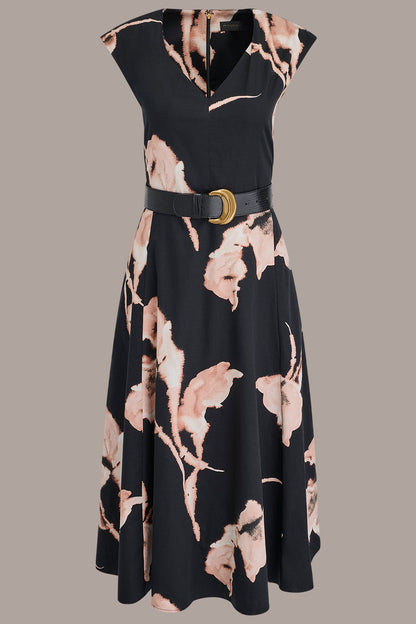 COTTON-SATEEN FLORAL MIDI DRESS - BLACK MULTI
