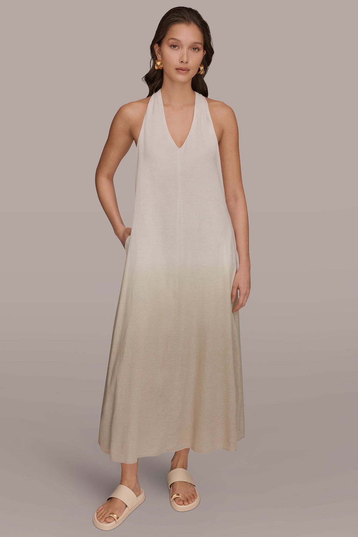 LINEN-BLEND SLEEVELESS OMBRÉ TWIST-BACK MIDI HALTER DRESS - Tuscan Grey