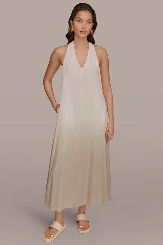 LINEN-BLEND SLEEVELESS OMBRÉ TWIST-BACK MIDI HALTER DRESS - Tuscan Grey