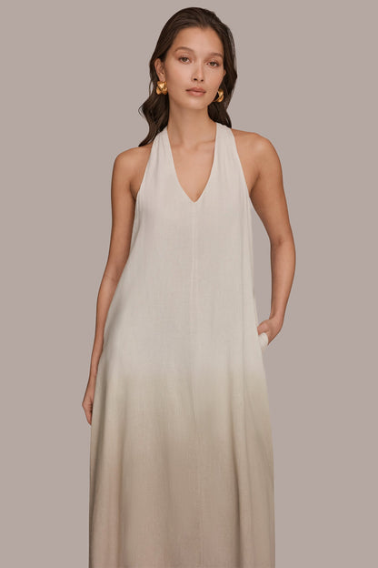 LINEN-BLEND SLEEVELESS OMBRÉ TWIST-BACK MIDI HALTER DRESS - Tuscan Grey