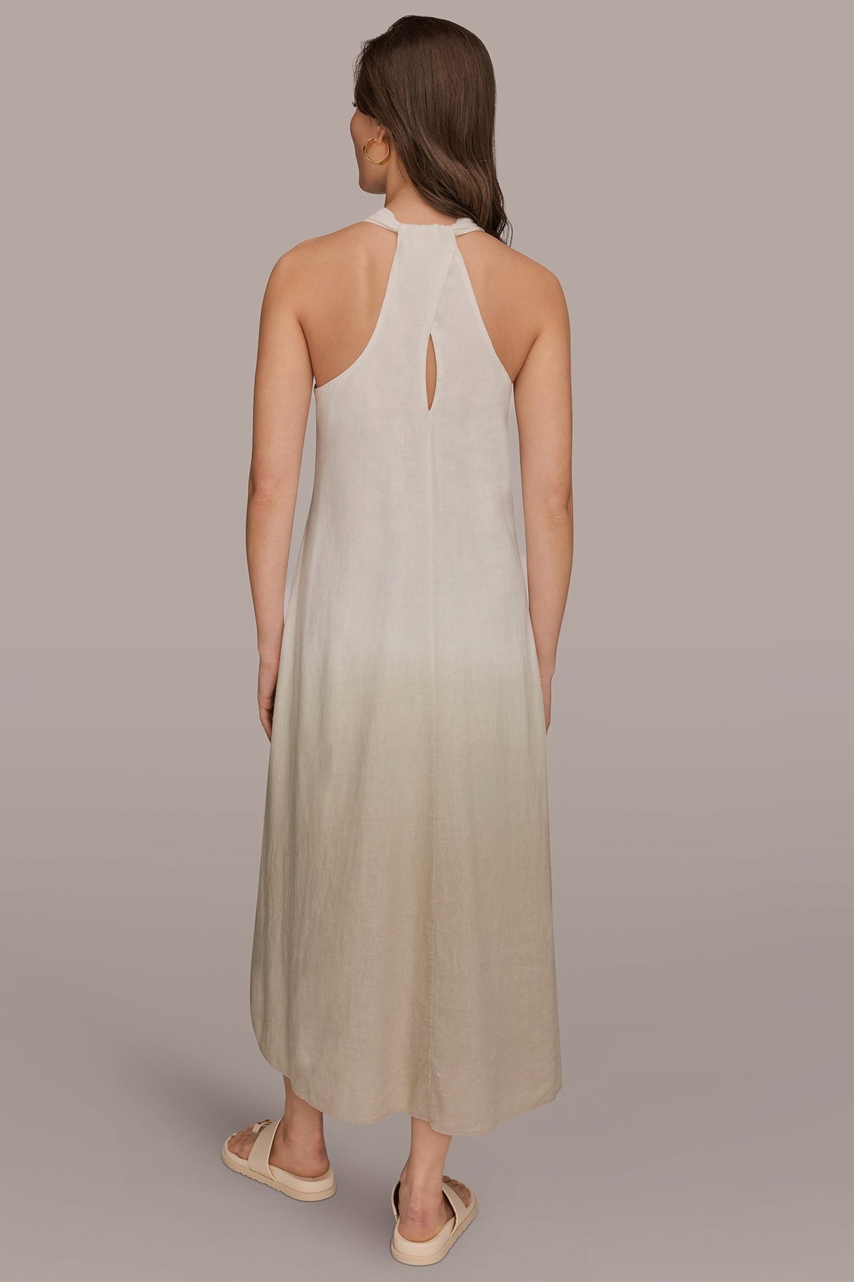 LINEN-BLEND SLEEVELESS OMBRÉ TWIST-BACK MIDI HALTER DRESS - Tuscan Grey
