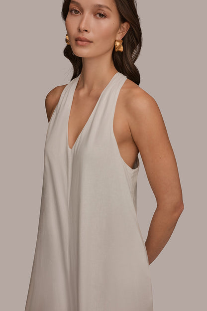 LINEN-BLEND SLEEVELESS OMBRÉ TWIST-BACK MIDI HALTER DRESS - Tuscan Grey