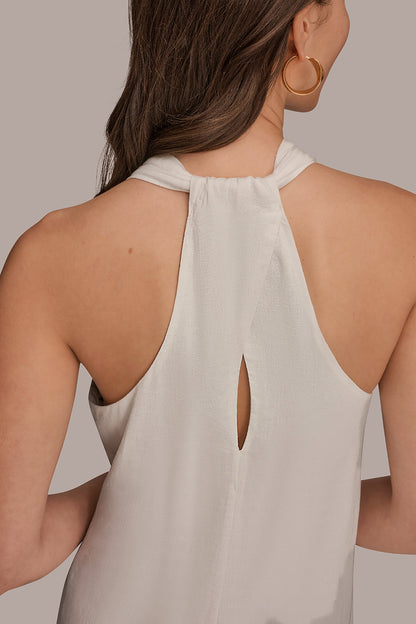 LINEN-BLEND SLEEVELESS OMBRÉ TWIST-BACK MIDI HALTER DRESS - Tuscan Grey