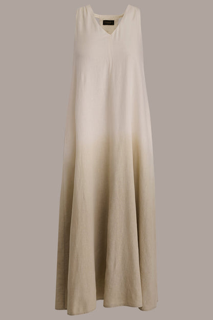 LINEN-BLEND SLEEVELESS OMBRÉ TWIST-BACK MIDI HALTER DRESS - Tuscan Grey