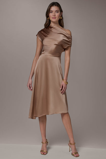 SILK-CHARMEUSE MIDI A-LINE DRESS - Umbria