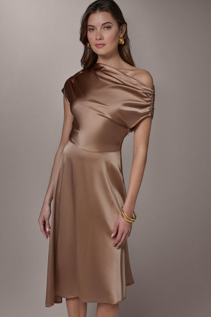 SILK-CHARMEUSE MIDI A-LINE DRESS - Umbria