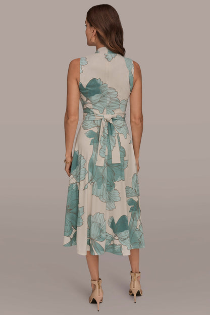 SLEEVELESS FLORAL GATHERED MIDI A-LINE DRESS - Vellum/Waterlily Multi