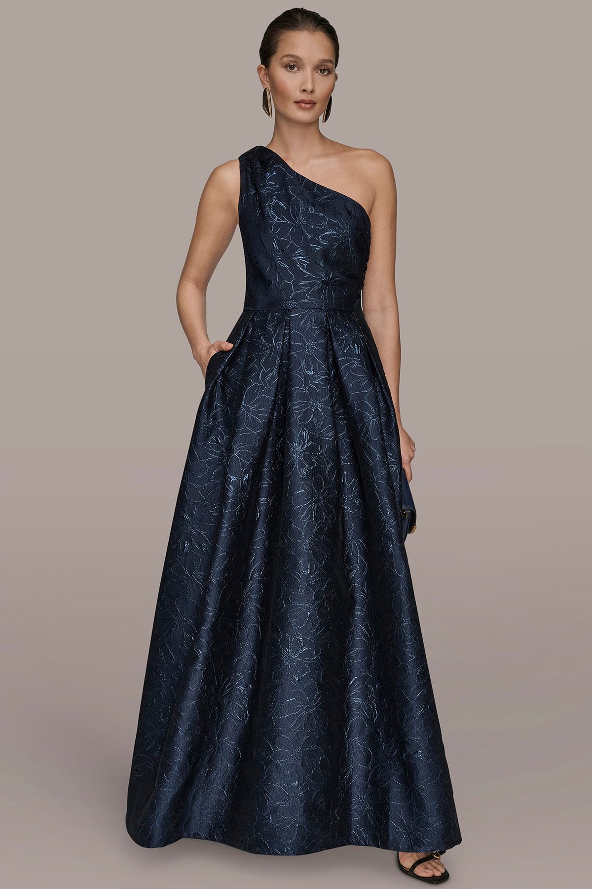 METALLIC FLORAL-JACQUARD ONE-SHOULDER BALL GOWN - NIGHTFALL