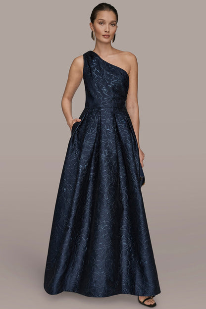 METALLIC FLORAL-JACQUARD ONE-SHOULDER BALL GOWN - NIGHTFALL