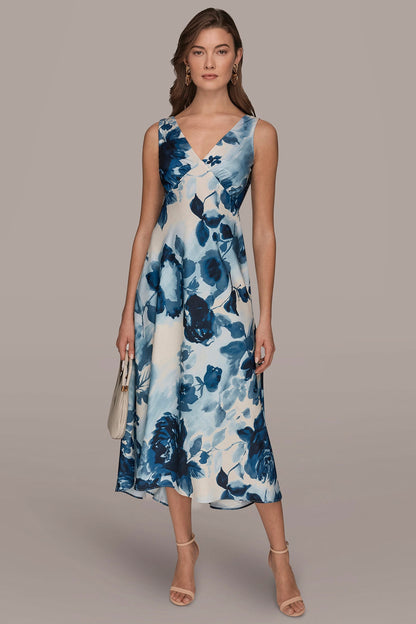 SATIN SLEEVELESS FLORAL MIDI A-LINE DRESS - Nightfall Multi