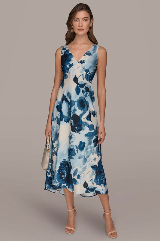 SATIN SLEEVELESS FLORAL MIDI A-LINE DRESS - Nightfall Multi