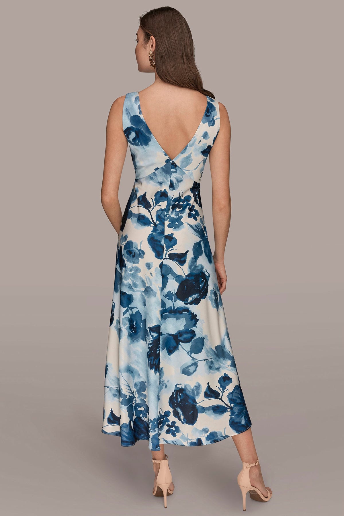 SATIN SLEEVELESS FLORAL MIDI A-LINE DRESS - Nightfall Multi