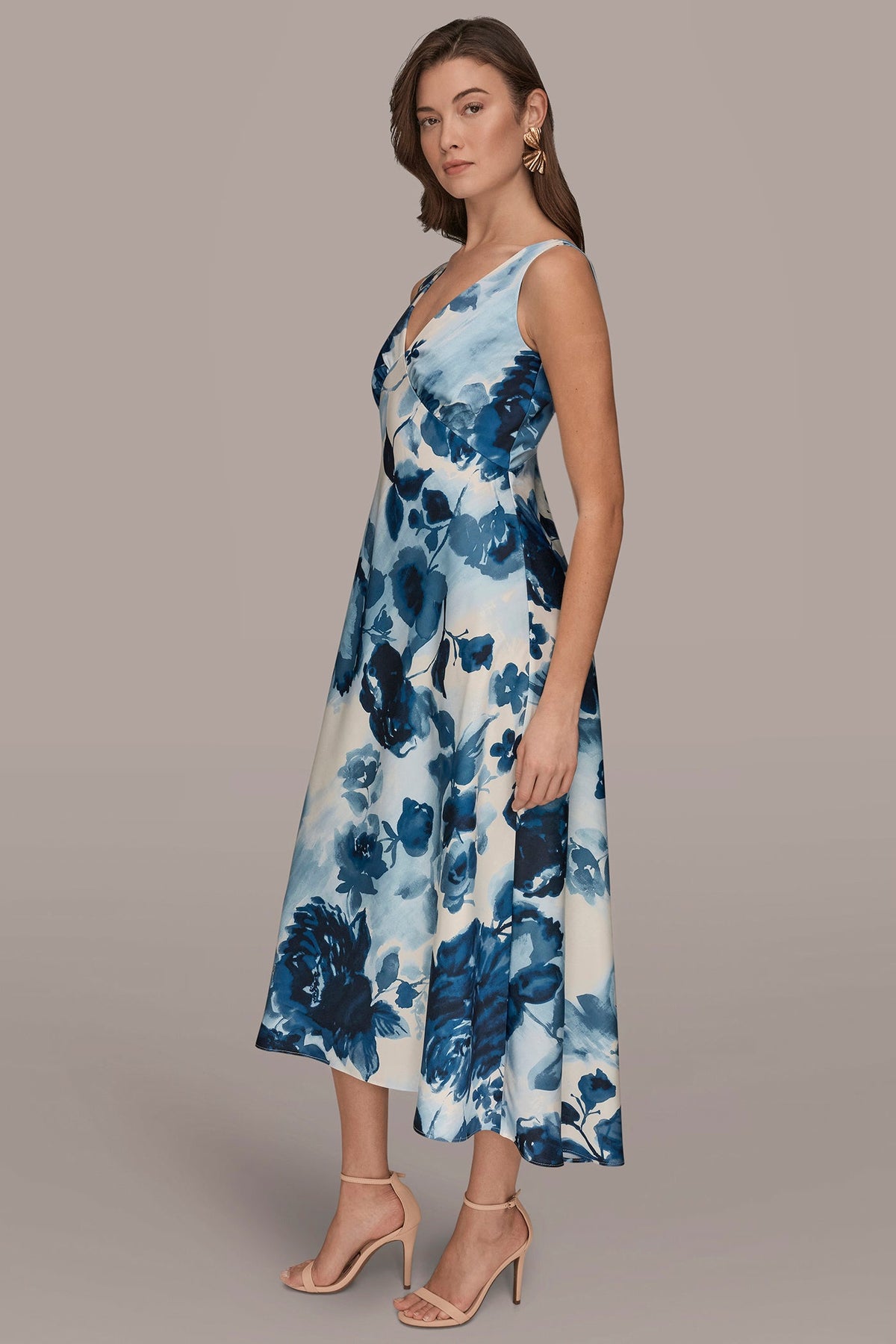 SATIN SLEEVELESS FLORAL MIDI A-LINE DRESS - Nightfall Multi