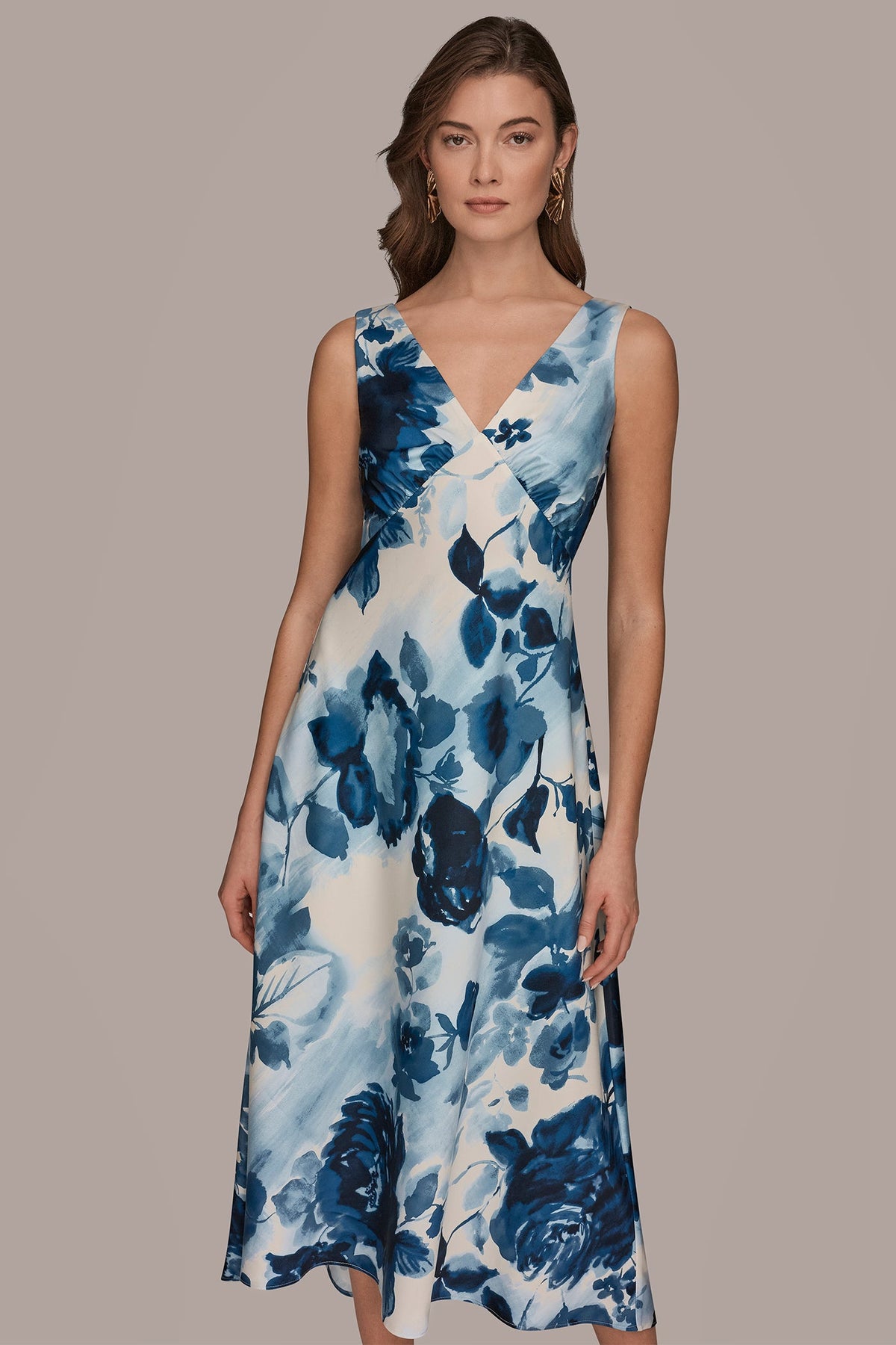 SATIN SLEEVELESS FLORAL MIDI A-LINE DRESS - Nightfall Multi