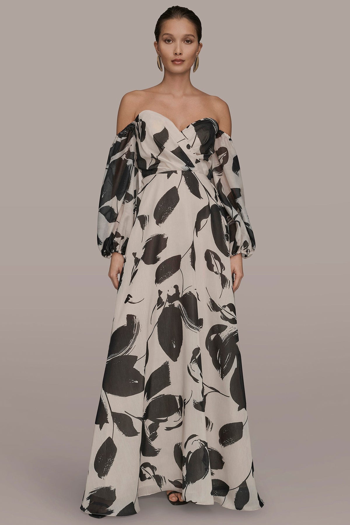 ORGANZA OFF-THE-SHOULDER FLORAL GOWN - BLACK/VELLUM