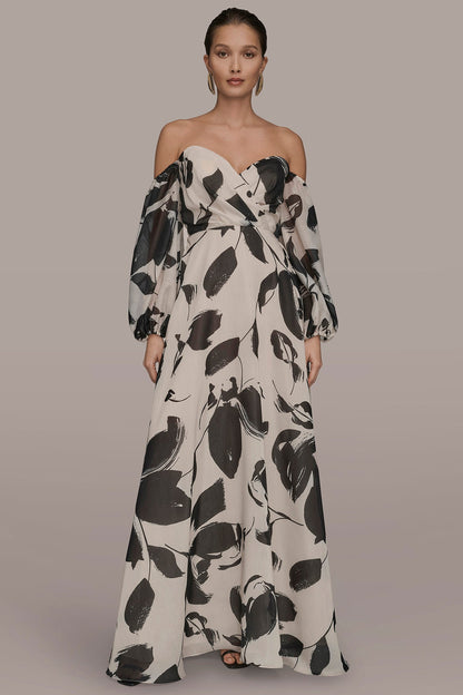 ORGANZA OFF-THE-SHOULDER FLORAL GOWN - BLACK/VELLUM