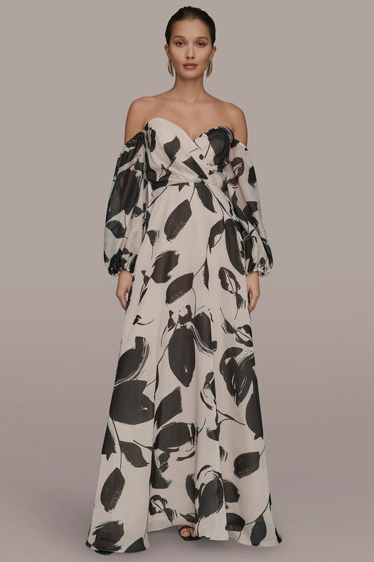 ORGANZA OFF-THE-SHOULDER FLORAL GOWN - BLACK/VELLUM