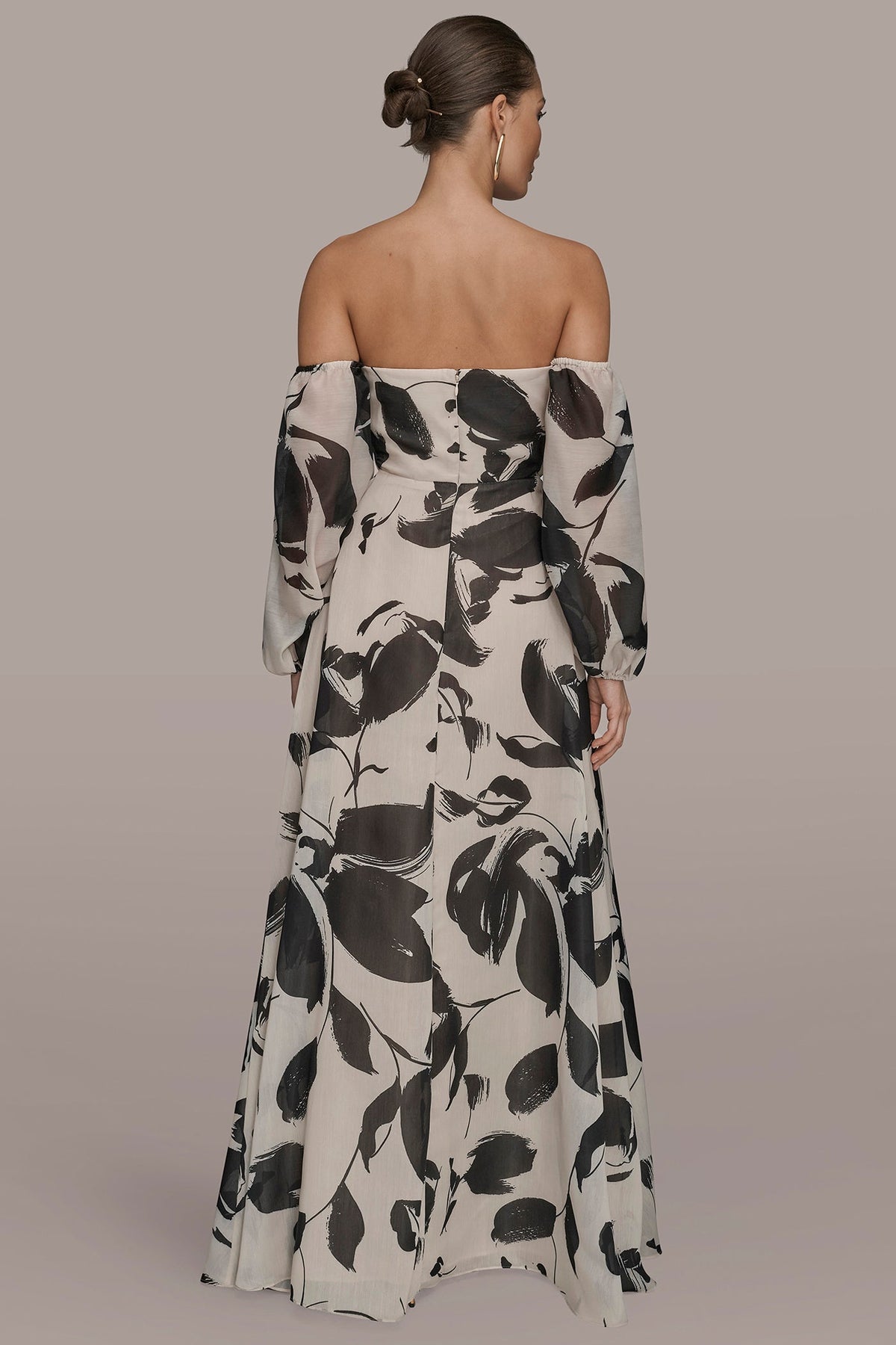 ORGANZA OFF-THE-SHOULDER FLORAL GOWN - BLACK/VELLUM