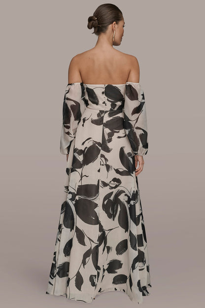 ORGANZA OFF-THE-SHOULDER FLORAL GOWN - BLACK/VELLUM