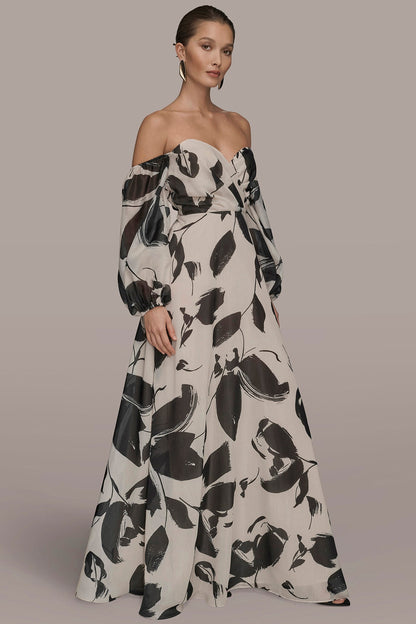 ORGANZA OFF-THE-SHOULDER FLORAL GOWN - BLACK/VELLUM