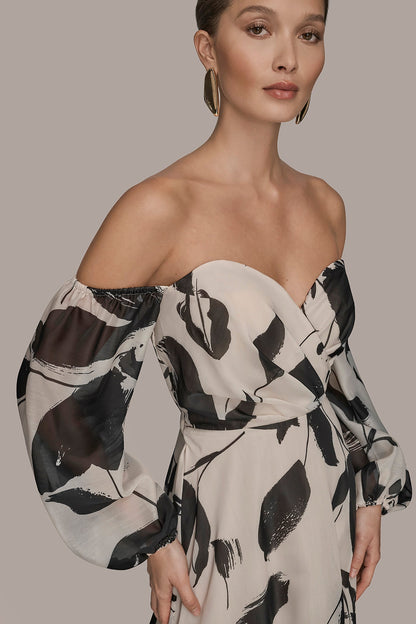 ORGANZA OFF-THE-SHOULDER FLORAL GOWN - BLACK/VELLUM