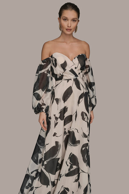 ORGANZA OFF-THE-SHOULDER FLORAL GOWN - BLACK/VELLUM