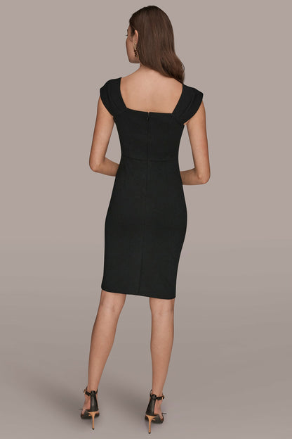 SHORT SLEEVE ASYMMETRIC RUFFLE SHEATH DRESS - Black