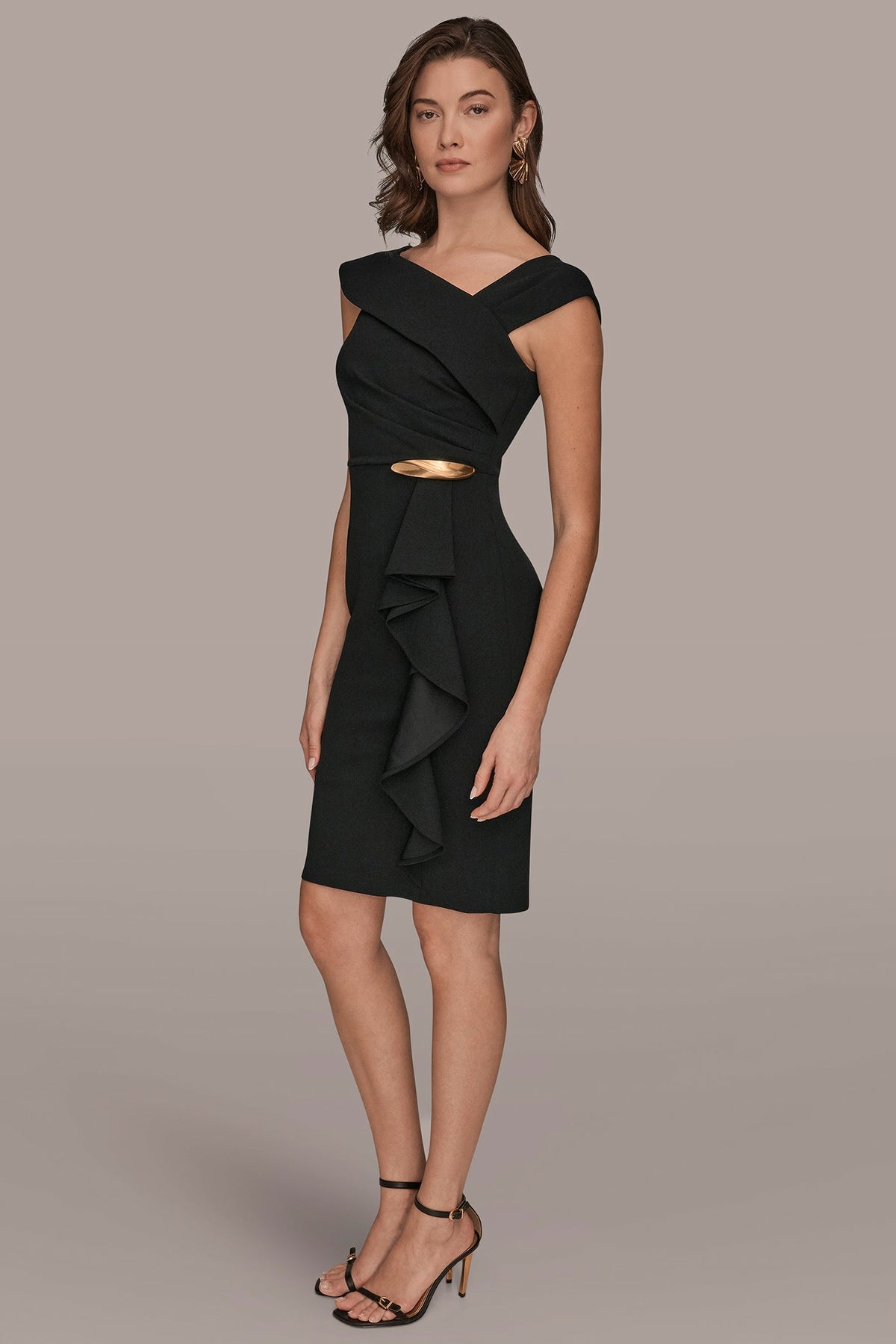 SHORT SLEEVE ASYMMETRIC RUFFLE SHEATH DRESS - Black
