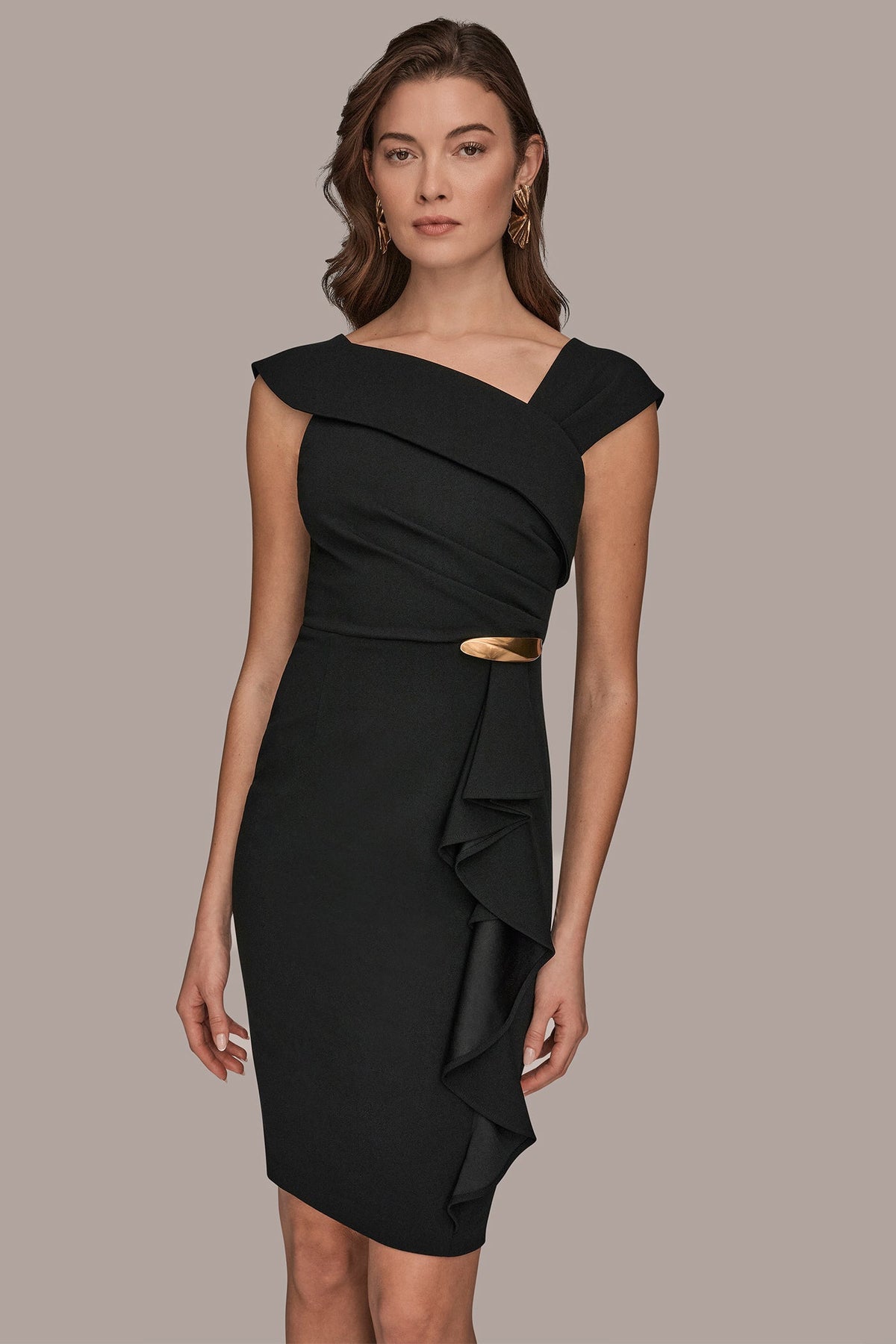 SHORT SLEEVE ASYMMETRIC RUFFLE SHEATH DRESS - Black