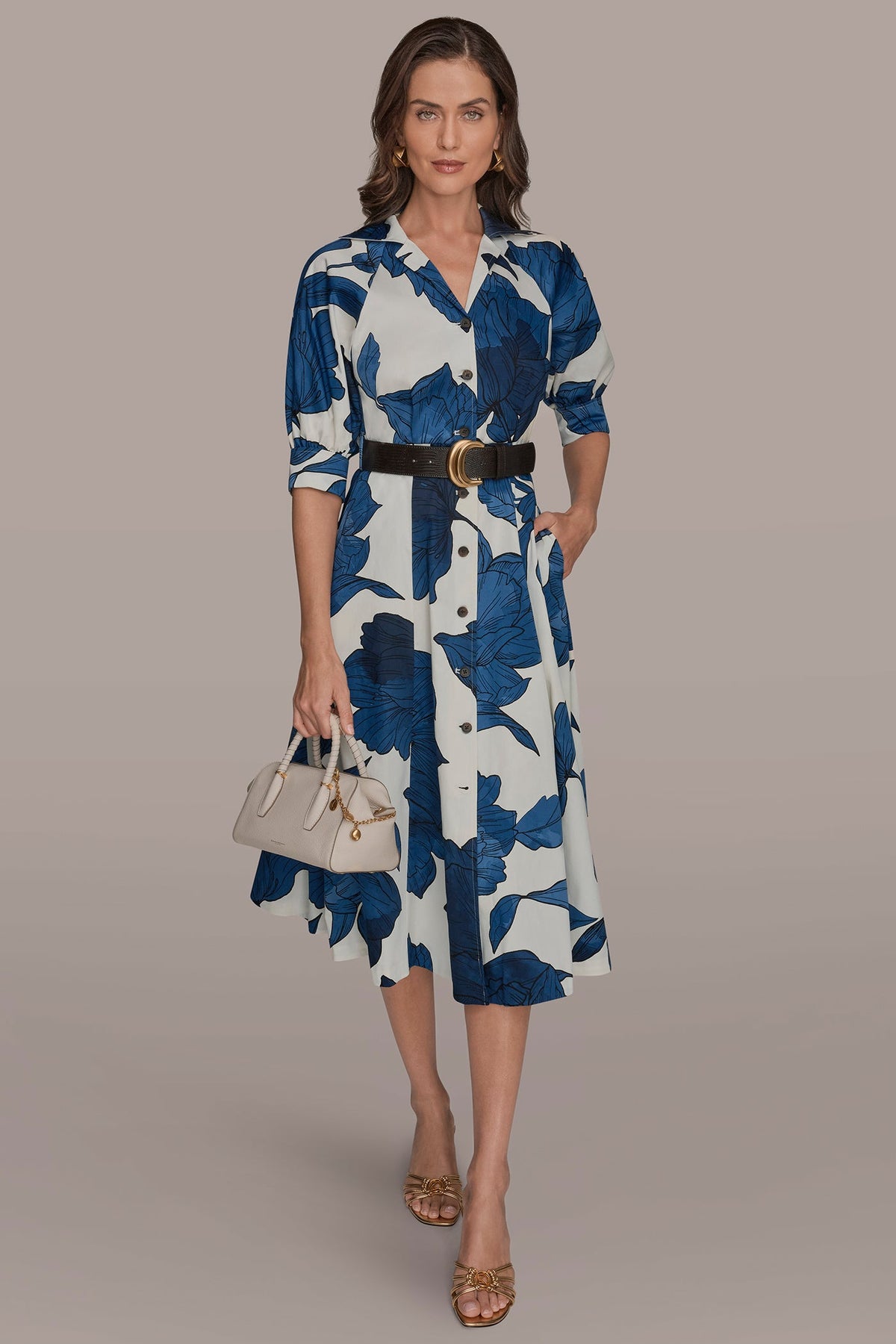 COTTON-SATEEN FLORAL MIDI SHIRT DRESS - Cream/Nightfall Multi
