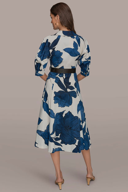 COTTON-SATEEN FLORAL MIDI SHIRT DRESS - Cream/Nightfall Multi