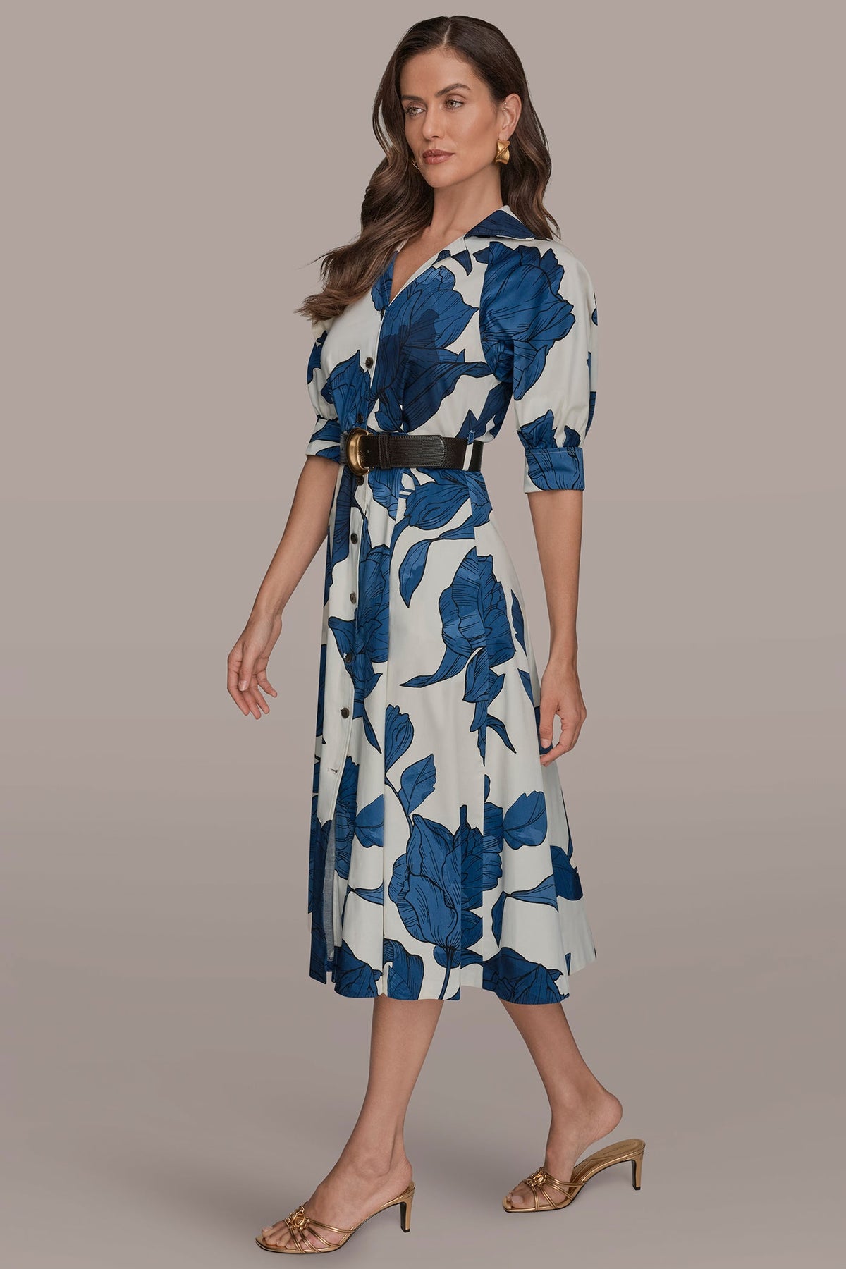 COTTON-SATEEN FLORAL MIDI SHIRT DRESS - Cream/Nightfall Multi