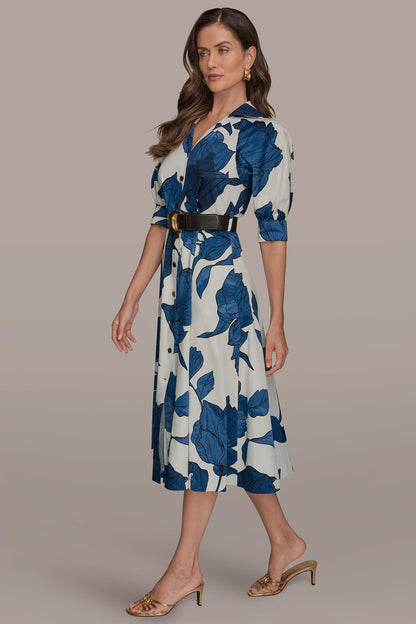 COTTON-SATEEN FLORAL MIDI SHIRT DRESS - Cream/Nightfall Multi