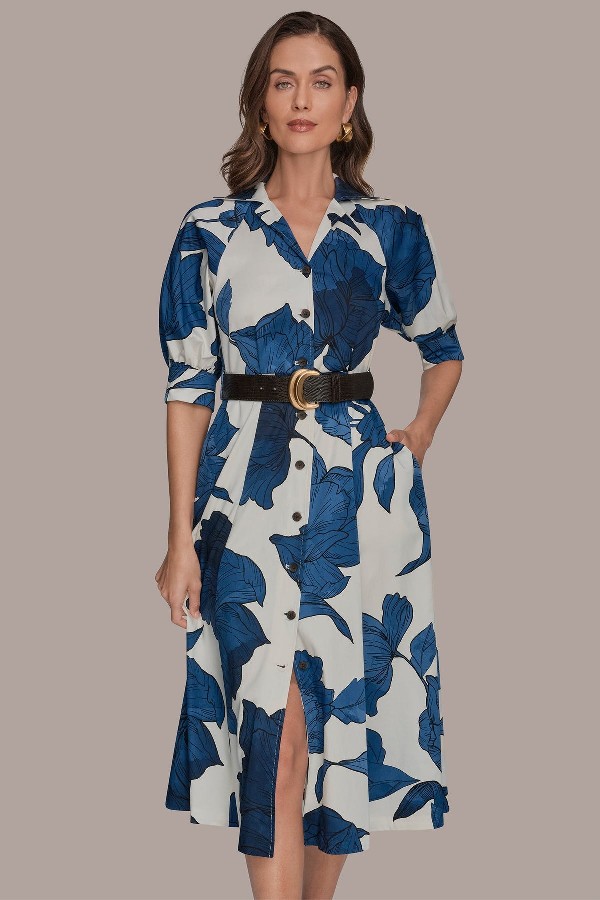 COTTON-SATEEN FLORAL MIDI SHIRT DRESS - Cream/Nightfall Multi