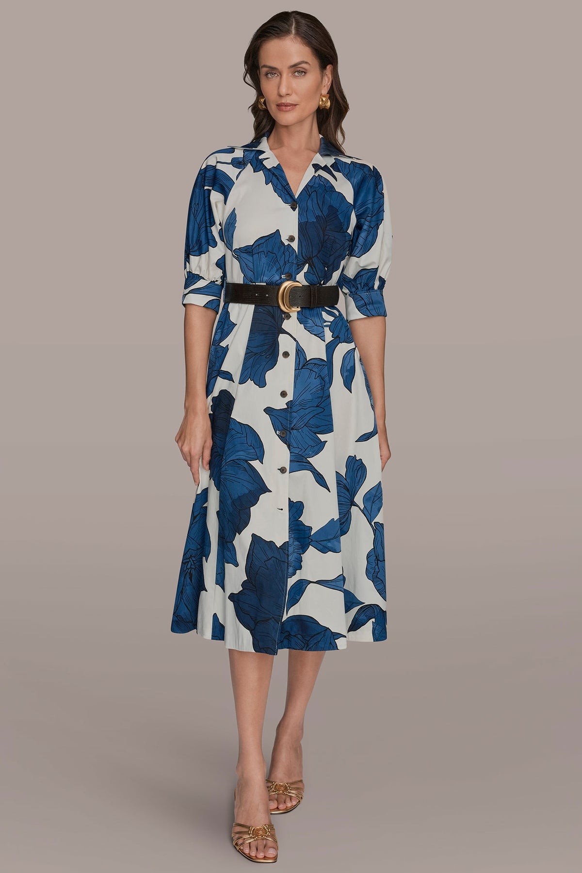 COTTON-SATEEN FLORAL MIDI SHIRT DRESS - Cream/Nightfall Multi