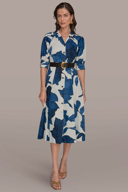 COTTON-SATEEN FLORAL MIDI SHIRT DRESS - Cream/Nightfall Multi