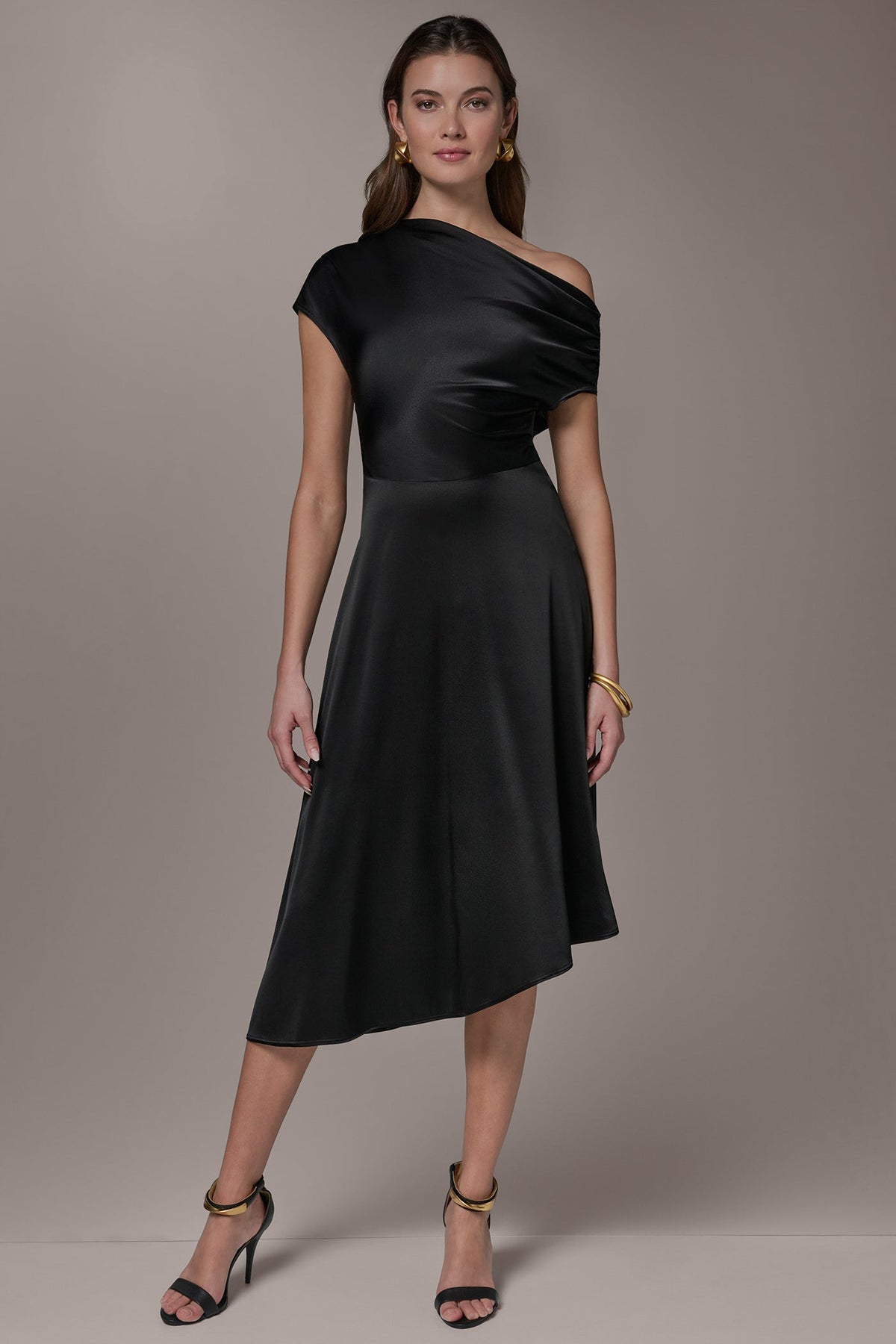 SILK-CHARMEUSE MIDI A-LINE DRESS - Black