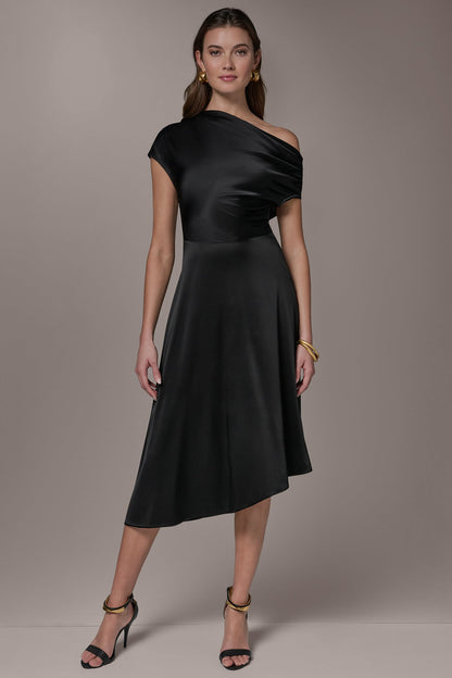 SILK-CHARMEUSE MIDI A-LINE DRESS - Black