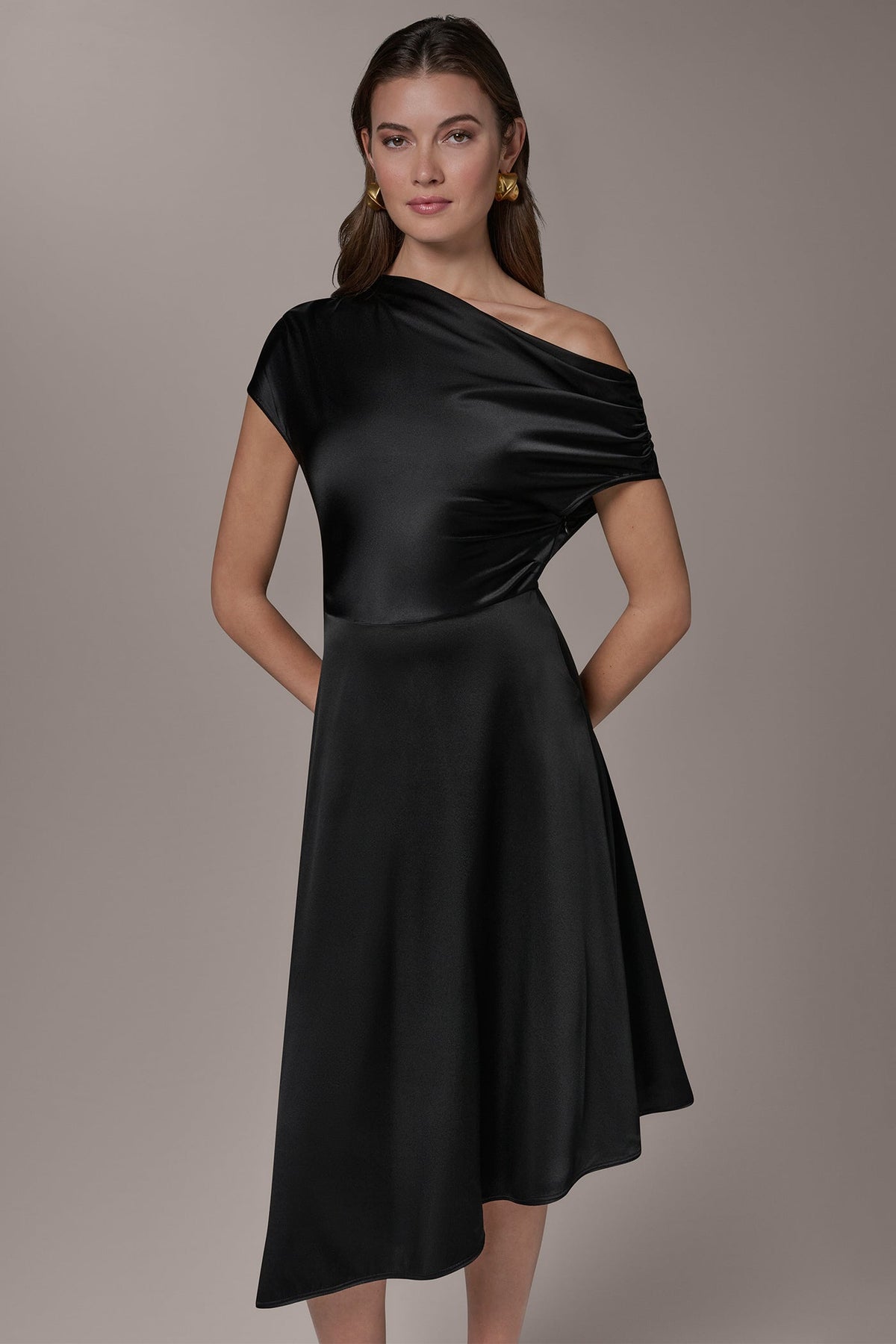 SILK-CHARMEUSE MIDI A-LINE DRESS - Black