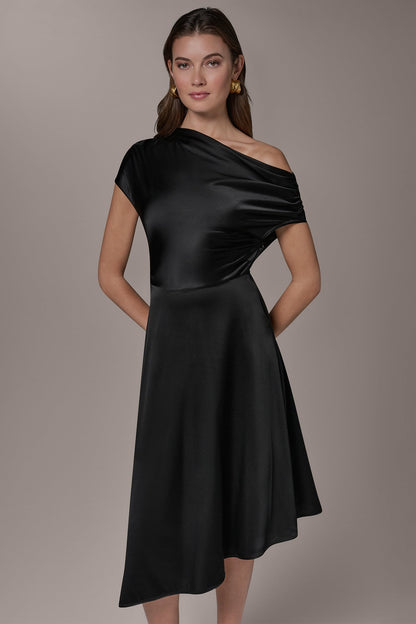 SILK-CHARMEUSE MIDI A-LINE DRESS - Black