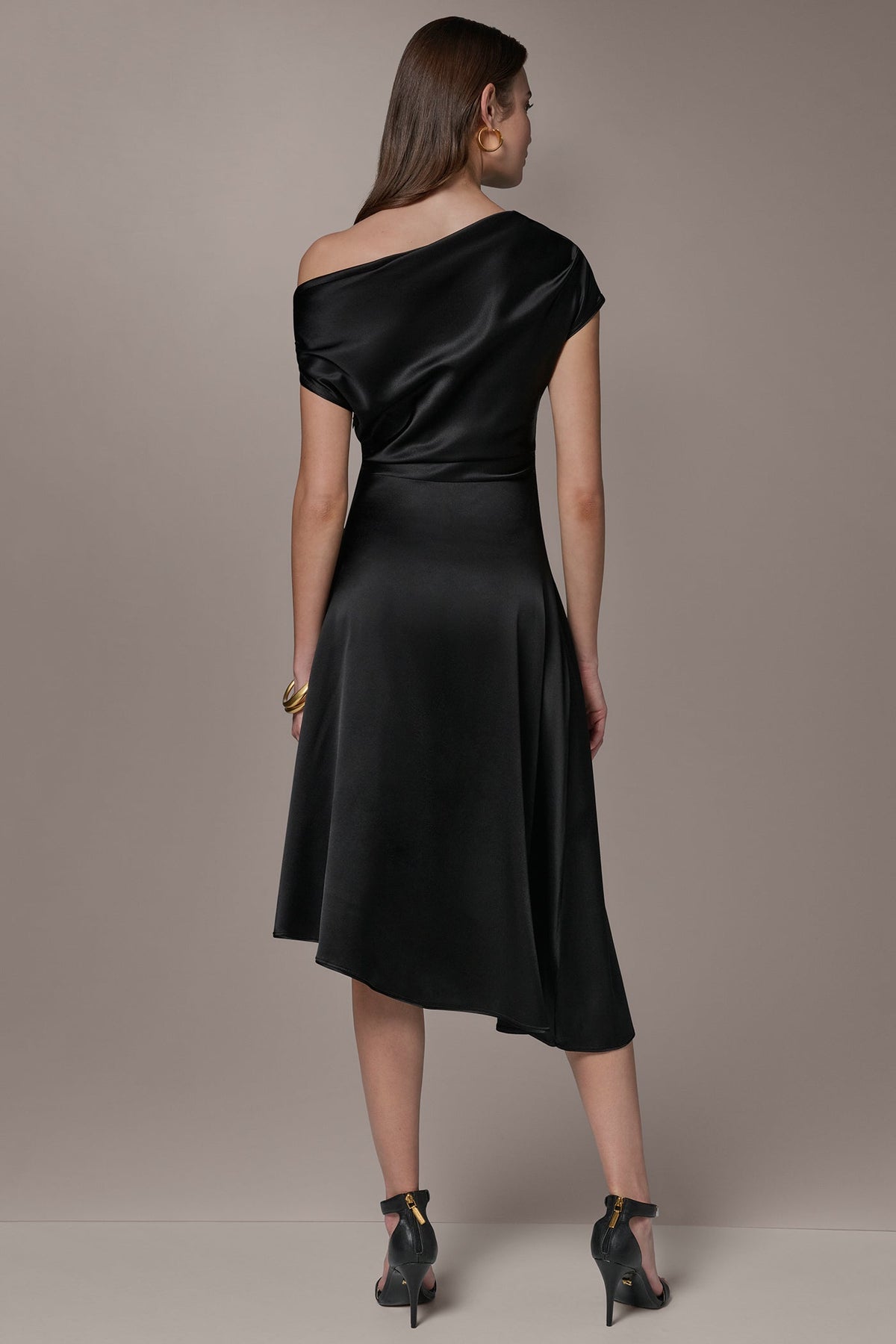 SILK-CHARMEUSE MIDI A-LINE DRESS - Black