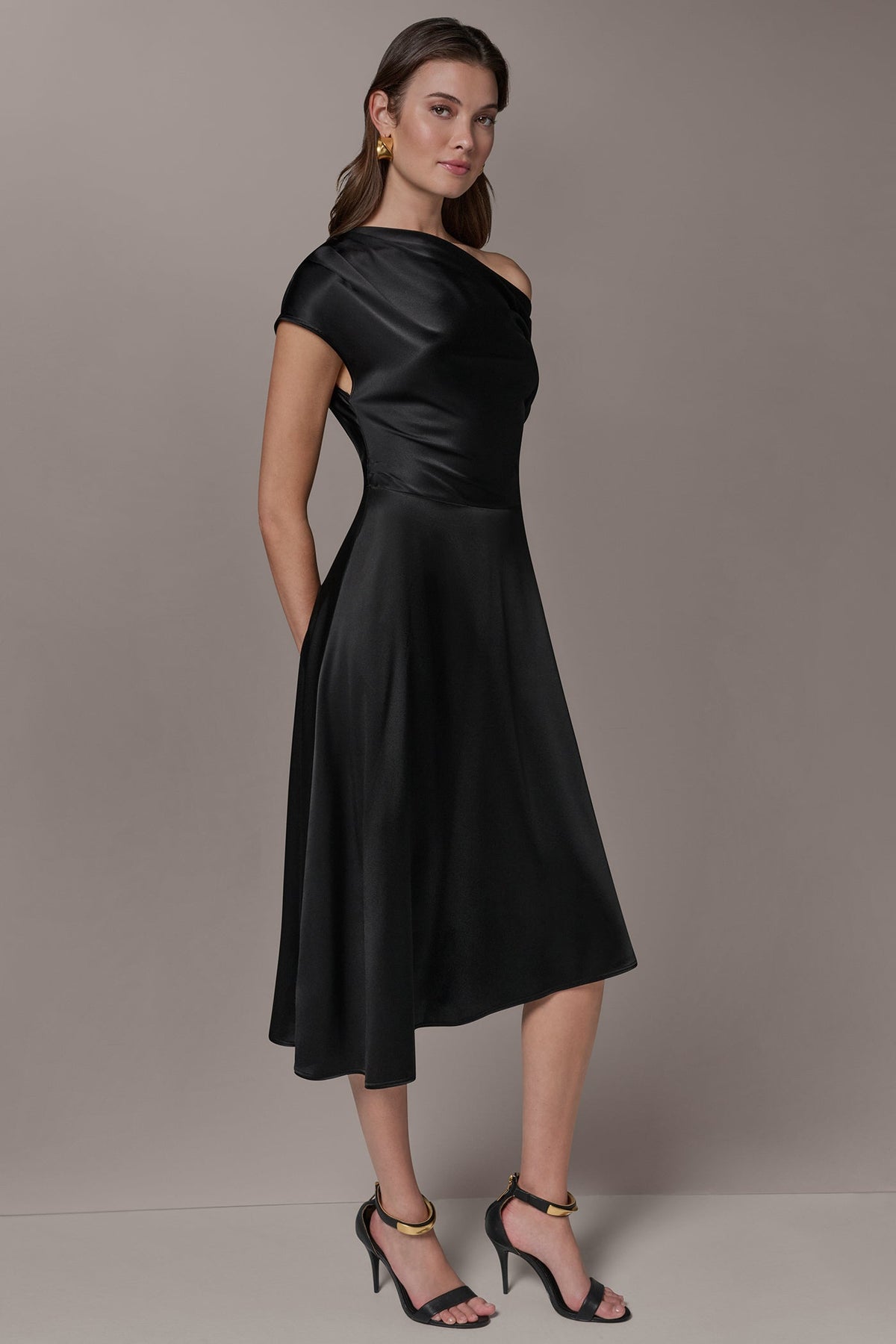 SILK-CHARMEUSE MIDI A-LINE DRESS - Black