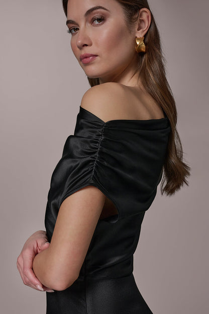 SILK-CHARMEUSE MIDI A-LINE DRESS - Black