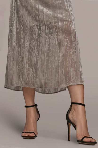 SLEEVELESS COWL-NECK BURNOUT MIDI DRESS - VAPOR
