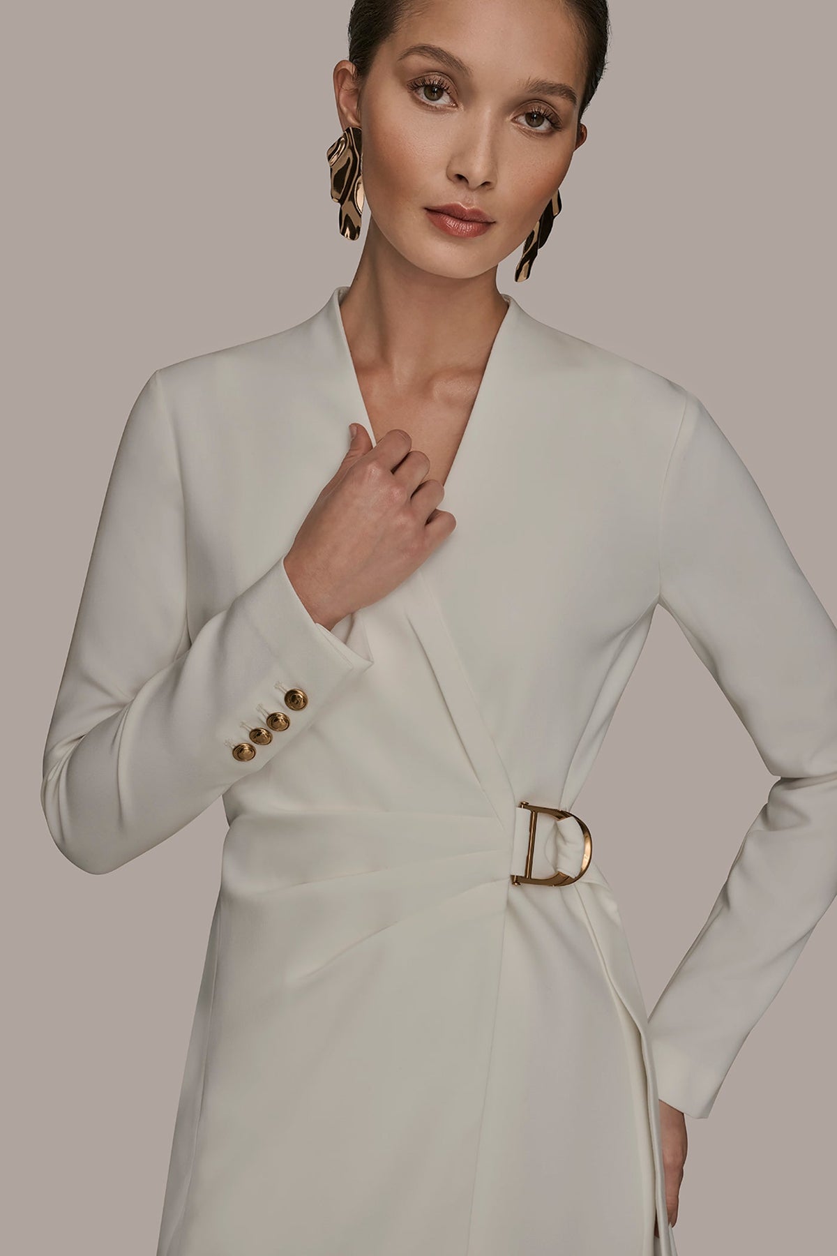 LONG SLEEVE MINI WRAP JACKET DRESS - CREAM