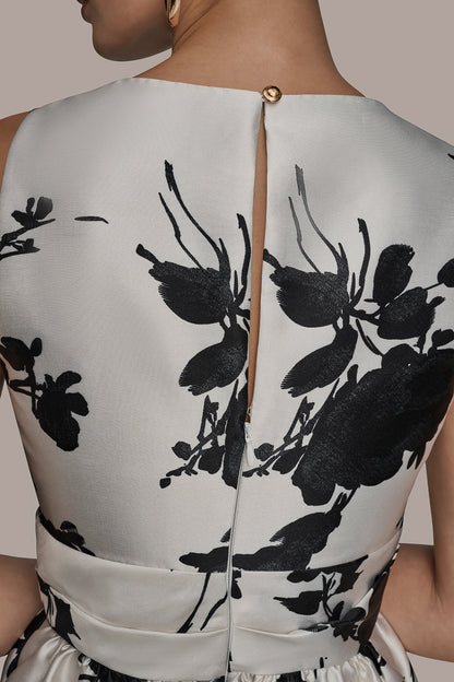 MIKADO SLEEVELESS V-NECK FLORAL GOWN - Cream/Black